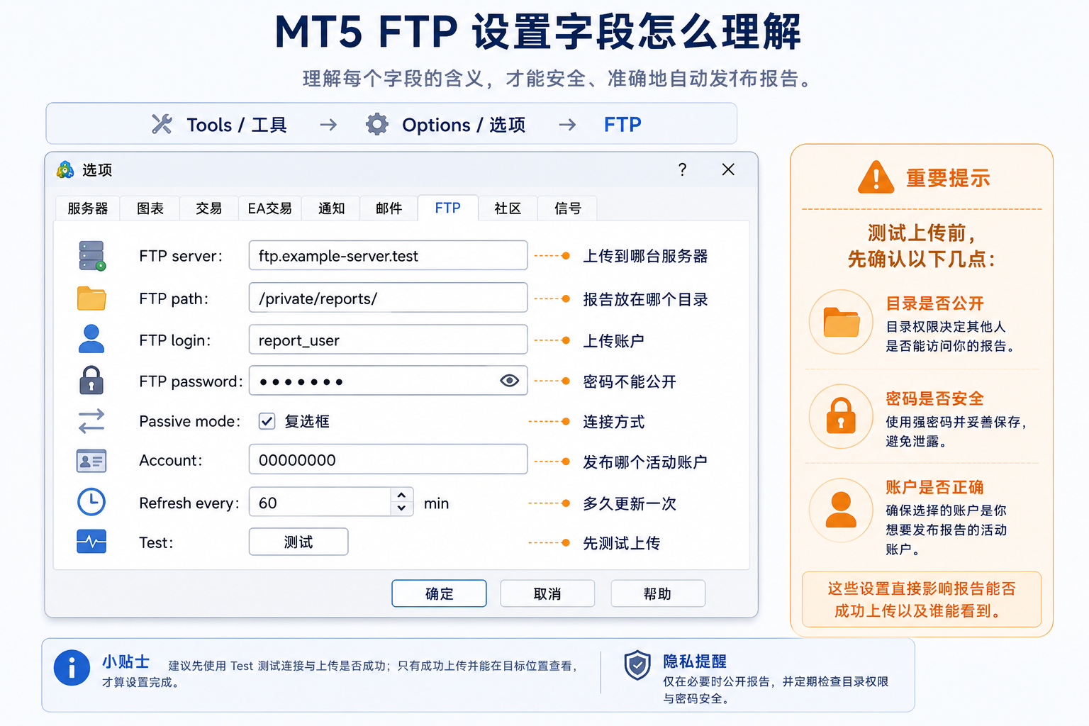 MT5 FTP 设置字段示意图：FTP server、path、login、password、Passive mode、Refresh every 与 Account